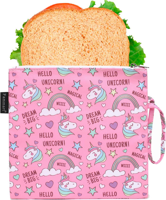 Reusable Sandwich Bag/Snack Bag for Kids & Adults, Dual Layer Lunch Bag with Handle, Washable, Food Safe, BPA Free (1-Pack, Rainbow Unicorn)