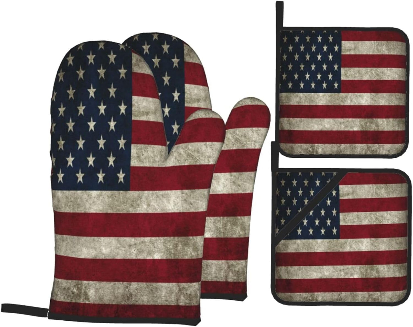 Retro American Flag Oven Mitts and Pot Holders Sets of 4 High Heat Resistant Oven Mitts with Oven Gloves and Hot Pads Polyester Potholders for Kitchen Baking Grilling Non-Slip Cooking Mitts