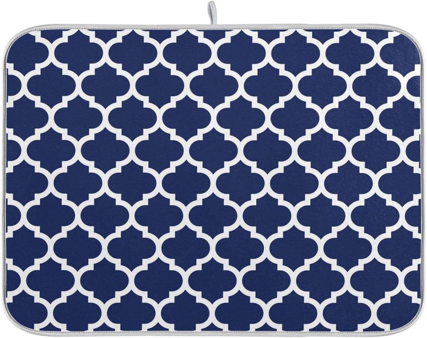 Navy Blue Trellis Lattice Dish Drying Mat for Kitchen Counter Absorbent Microfiber Drying Pad, Large 18x24 in, Reversible Drainer Mats