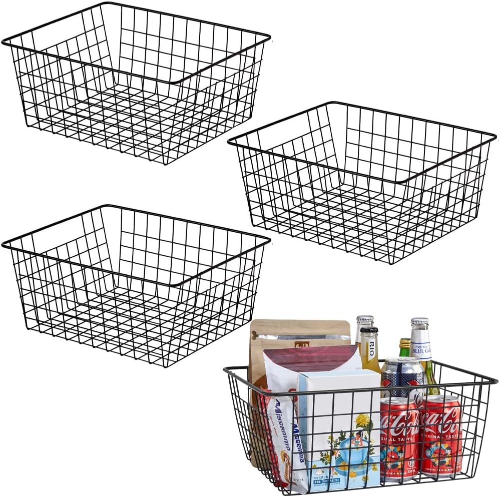 Kitchen Wire Baskets Farmhouse Decor Metal Food Storage Organizer,Household Refrigerator Bin with Built-in Handles for Cabinets,Pantry,Bathroom,Black