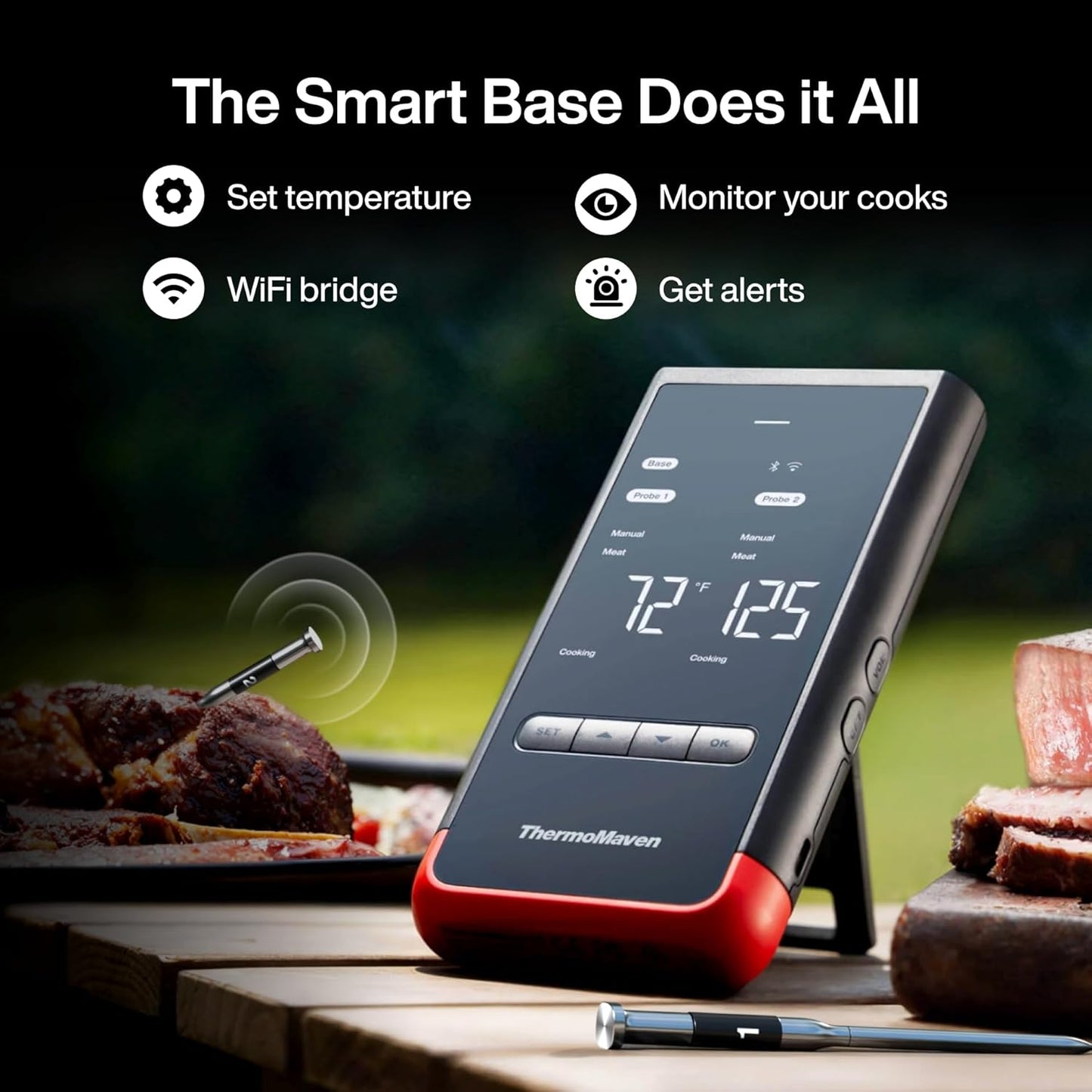 Smart Bluetooth Wireless Meat Thermometer: Standalone Base, WiFi Unlimited Range, 6 Sensors with NIST Certified Accuracy, 2 Probes for Kitchen, BBQ, Grill, Oven, Smoker, Rotisserie