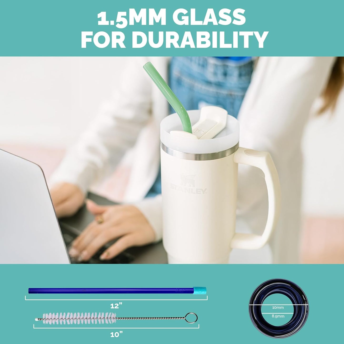 Simply Straws 12 Inch Glass Straws Straight (6-Pack) – Reusable Glass Straws for Stanley 40 Oz Tumbler, with Cleaning Brush – Durable, Dishwasher Safe, Hot & Cold Use, BPA-Free (Fjord Mist)