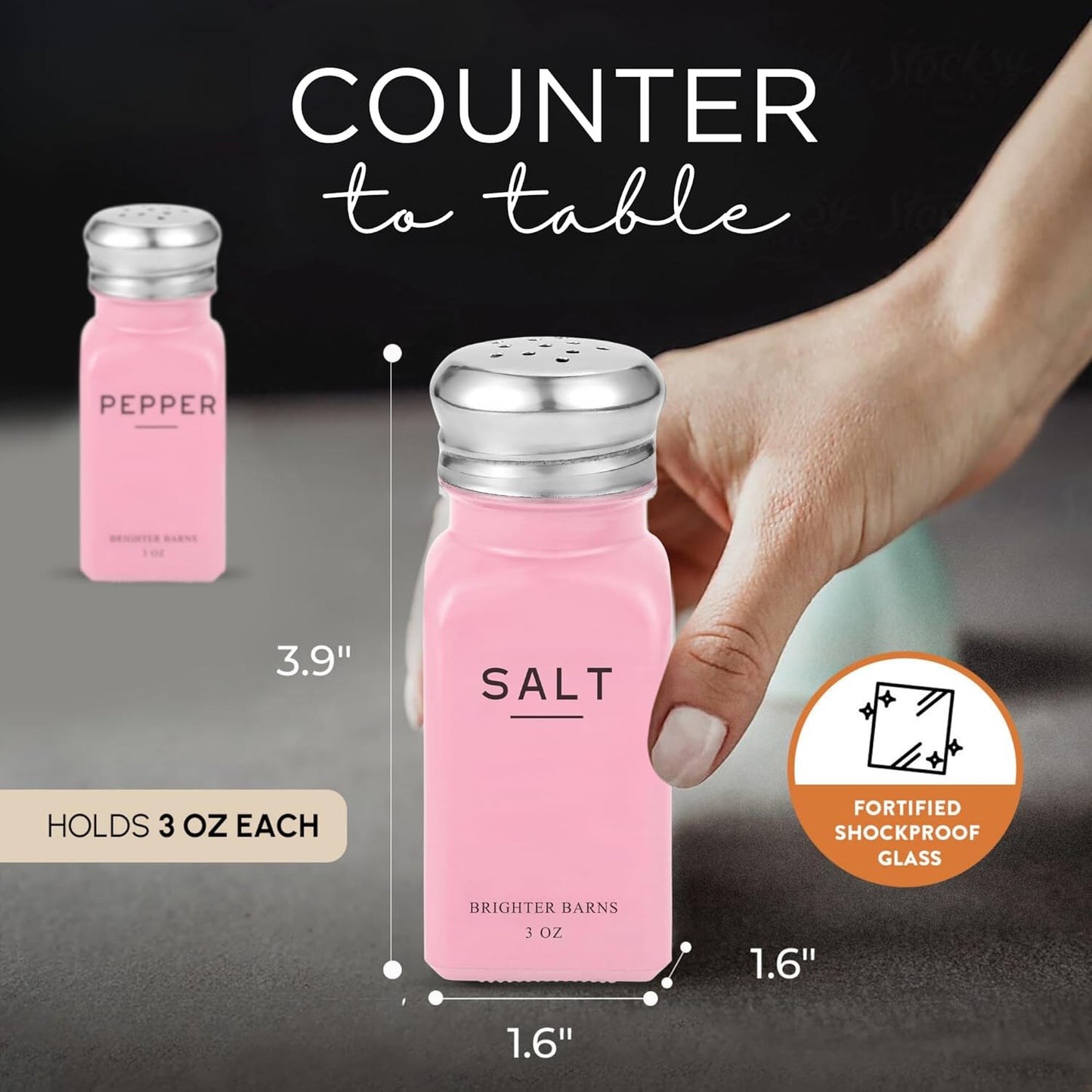 Pink Salt and Pepper Shakers Set by Brighter Barns - Modern Kitchen Accessories - Cute Salt and Pepper Set with Stainless Steel Lids - Chic Decor and Kitchen Essentials for Restaurants, Airbnb (Pink)