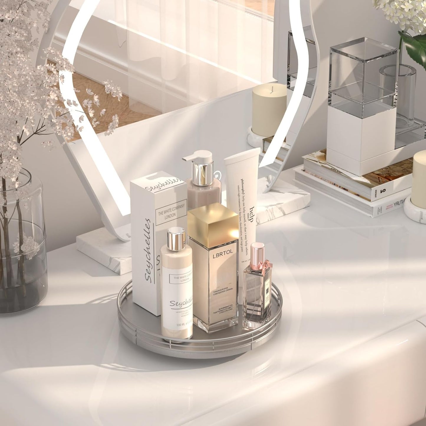 9" Silver Lazy Susan for Table Top, Oak Wood Lazy Susan Turntable Organizer for Dining Coffee Table Centerpiece Bar Decor Kitchen Countertop Bathroom Vanity Decorative Tray for Perfume Jewelry Round