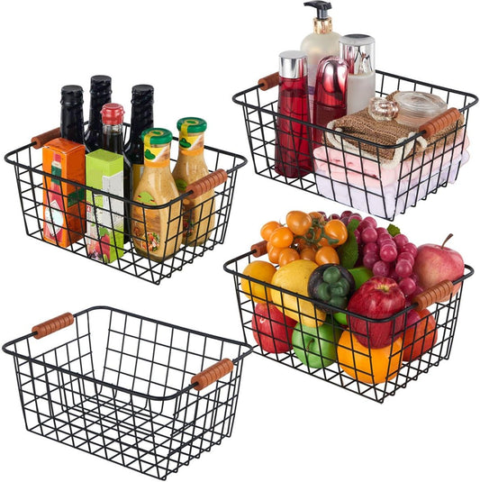 Wire Kitchen Storage Basket 4 Packs,Perfect Pantry Organization Accessories Baskets,Laundry Basket,With a Wooden handle,Suitable for Kitchen,Bathroom,Bedroom,Tabletop,Stackable,Black