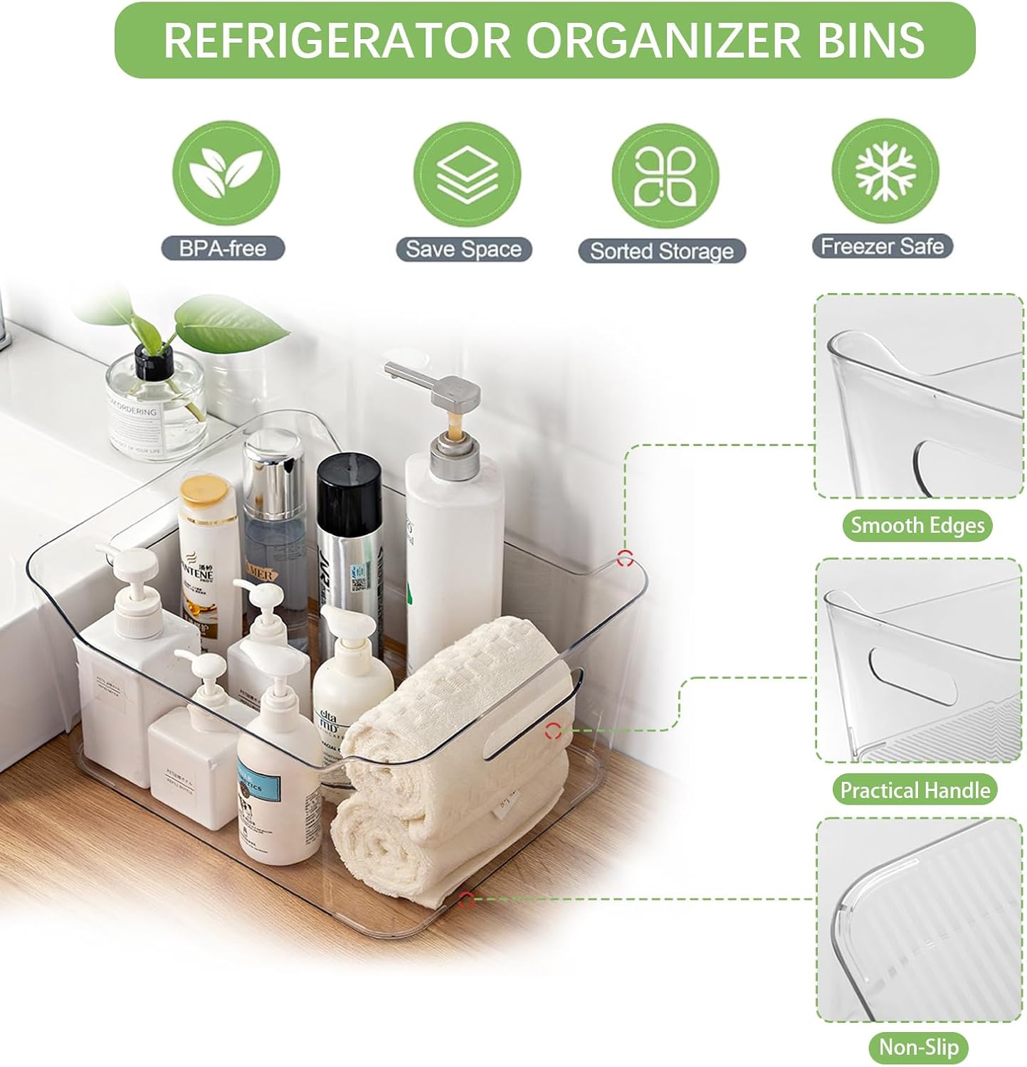 Plastic Storage Bins, Large - 4 Pack, Fridge Storage Containers, Clear Plastic Bins For Fridge, BPA-Free Clear Storage Bins for Fridge, Freezer, Cabinet, Kitchen, Pantry 11 x 8 x 5 inch