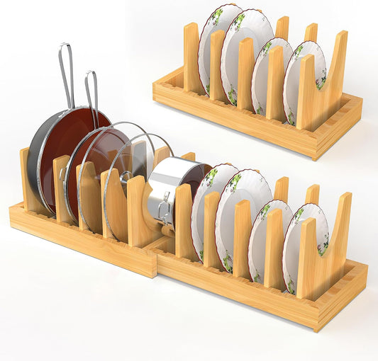 Bamboo Expandable Pot and Pan Organizer Under Cabinet,2-in-1 Kitchen Cabinet Organizer with Adjustable 10 Dividers, Non-Slip Base for Pot Lids Holder, Cutting Board Organizers for Kitchen Storage