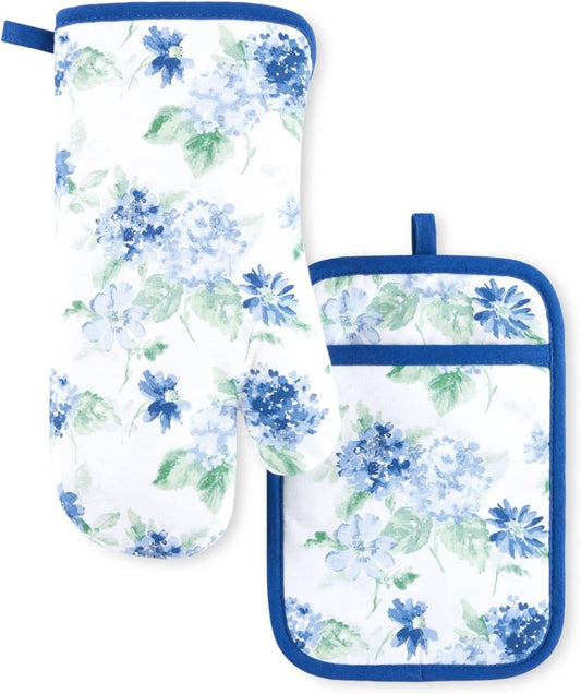 Martha Stewart Amber Floral Oven Mitt & Pot Holder Set 2-Pack, Blue/Green, OM: 7"x13" & PH: 7"x10"
