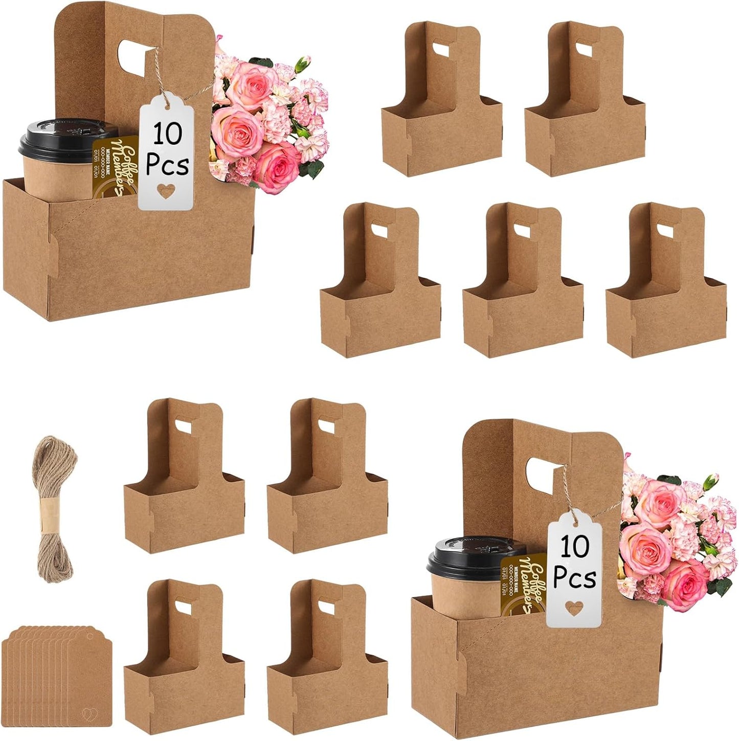 10 Pack 2 Cup Disposable Drink Carrier with Handle Paperboard Coffee Cup Holder Portable for Hot Cold Drinks Food Delivery Services with Heart Card for Teacher Appreciation Week Mother's Day