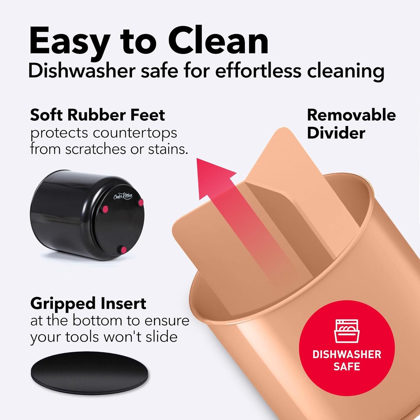 Rotating Extra Large Peach Plastic Utensil Holder Caddy with Sturdy No-Tip Weighted Base, Removable Divider, and Gripped Insert - Dishwasher Safe Kitchen Utensil Holder for Countertop