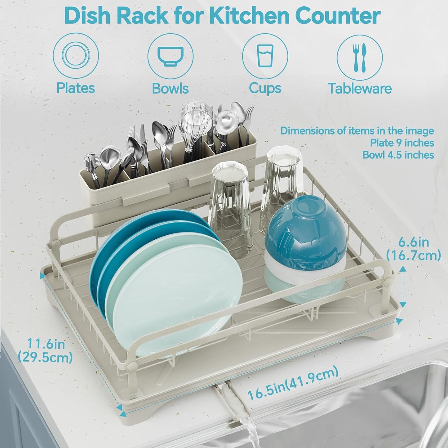 Dish Drying Rack Kitchen - Dish Racks for Kitchen Counter Space-Saving, Dish Drainer with Automatic Drain and Adjustable Spout, Dishwasher Rack with Cutlery Holder, Easy to Install, Grey