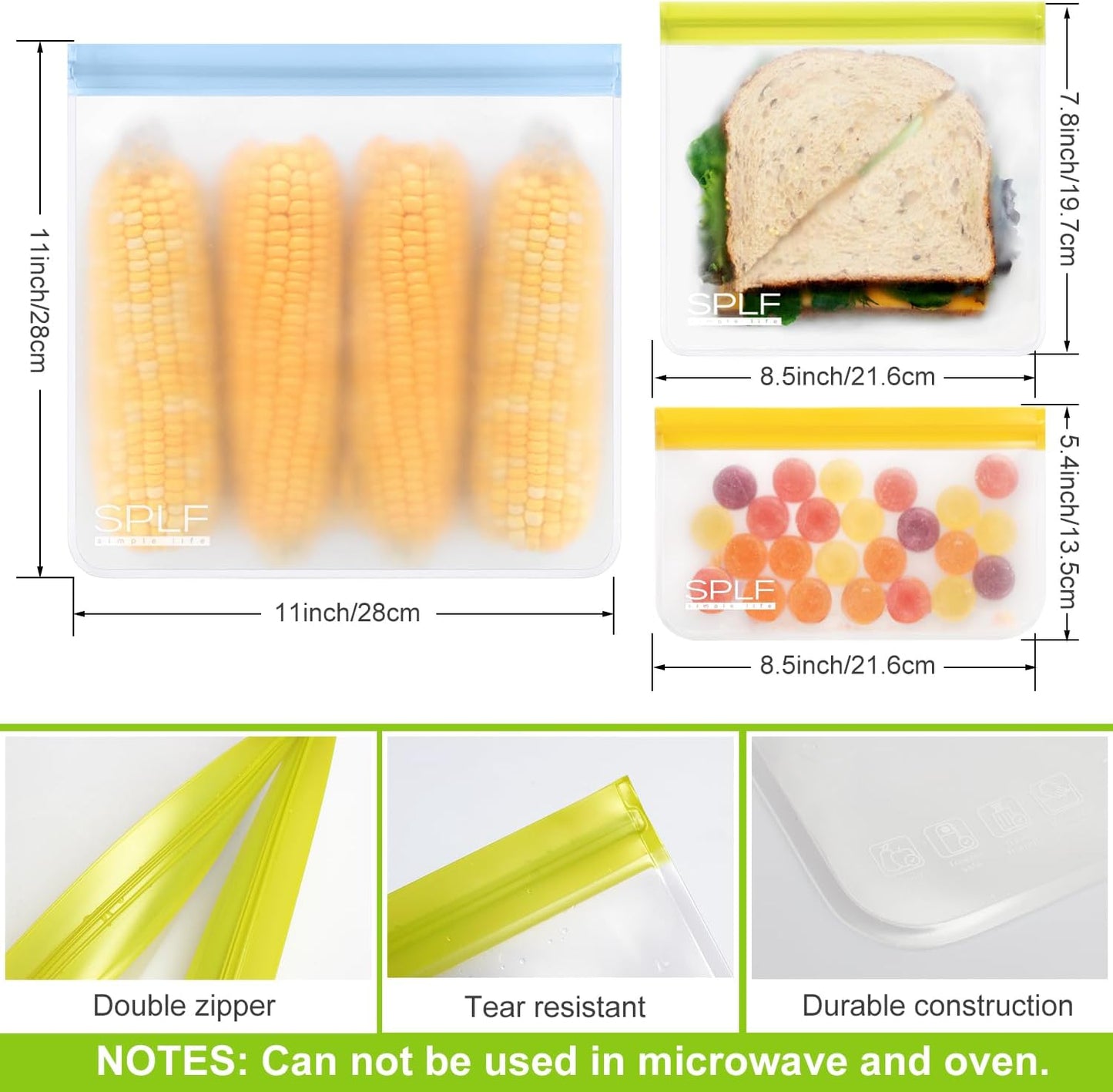 SPLF 12 Pack Dishwasher Safe Reusable Bags, Leakproof Reusable Freezer Bags, BPA Free Food Storage Bags for Lunch, Meal Prep, Marinate, Veggies, Travel - 2 Gallon 5 Sandwich 5 Snack