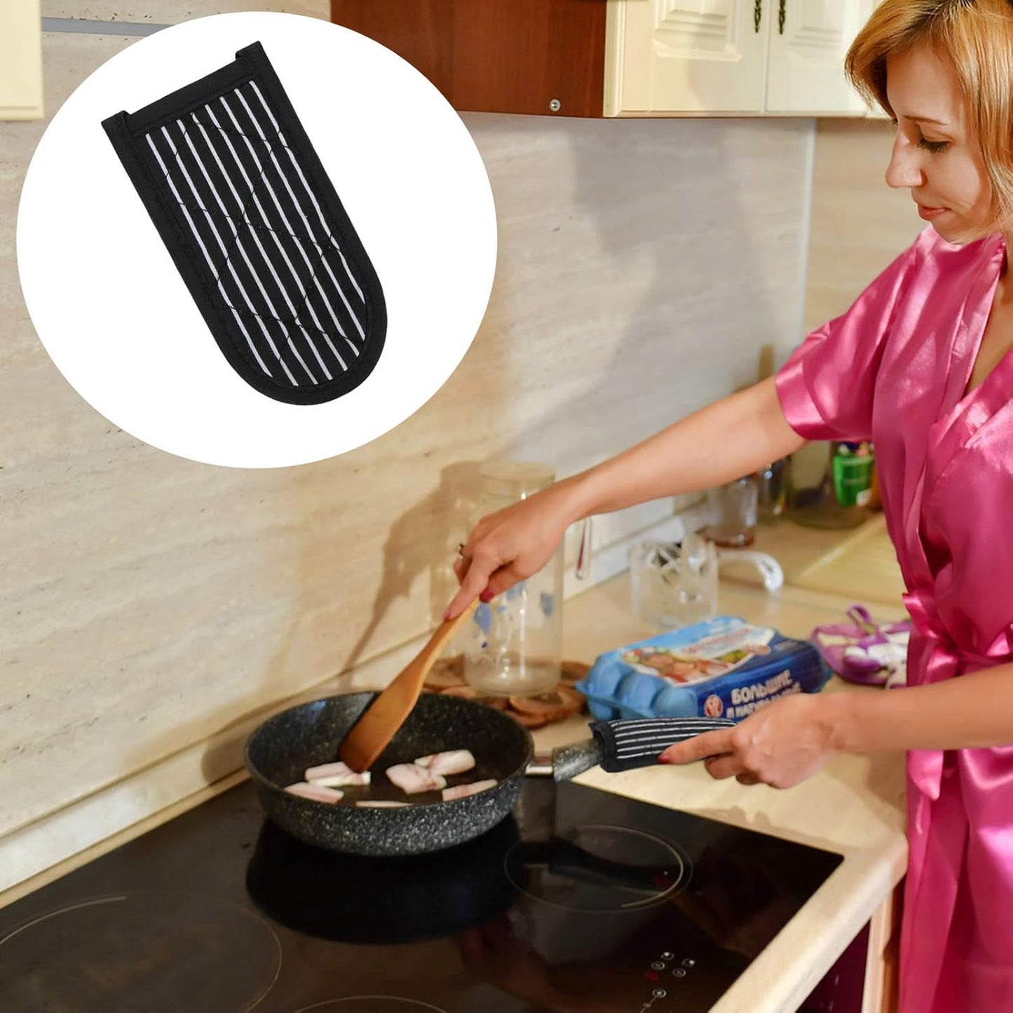 Patelai 4 Pcs Cast Iron Skillet Handle Covers Heat Resistant Pot Handle Covers Non Slip Cotton Pot Sleeves Holder Mitts Machine Washable for Kitchen Baking Cooking Cookwares(Striped Style)