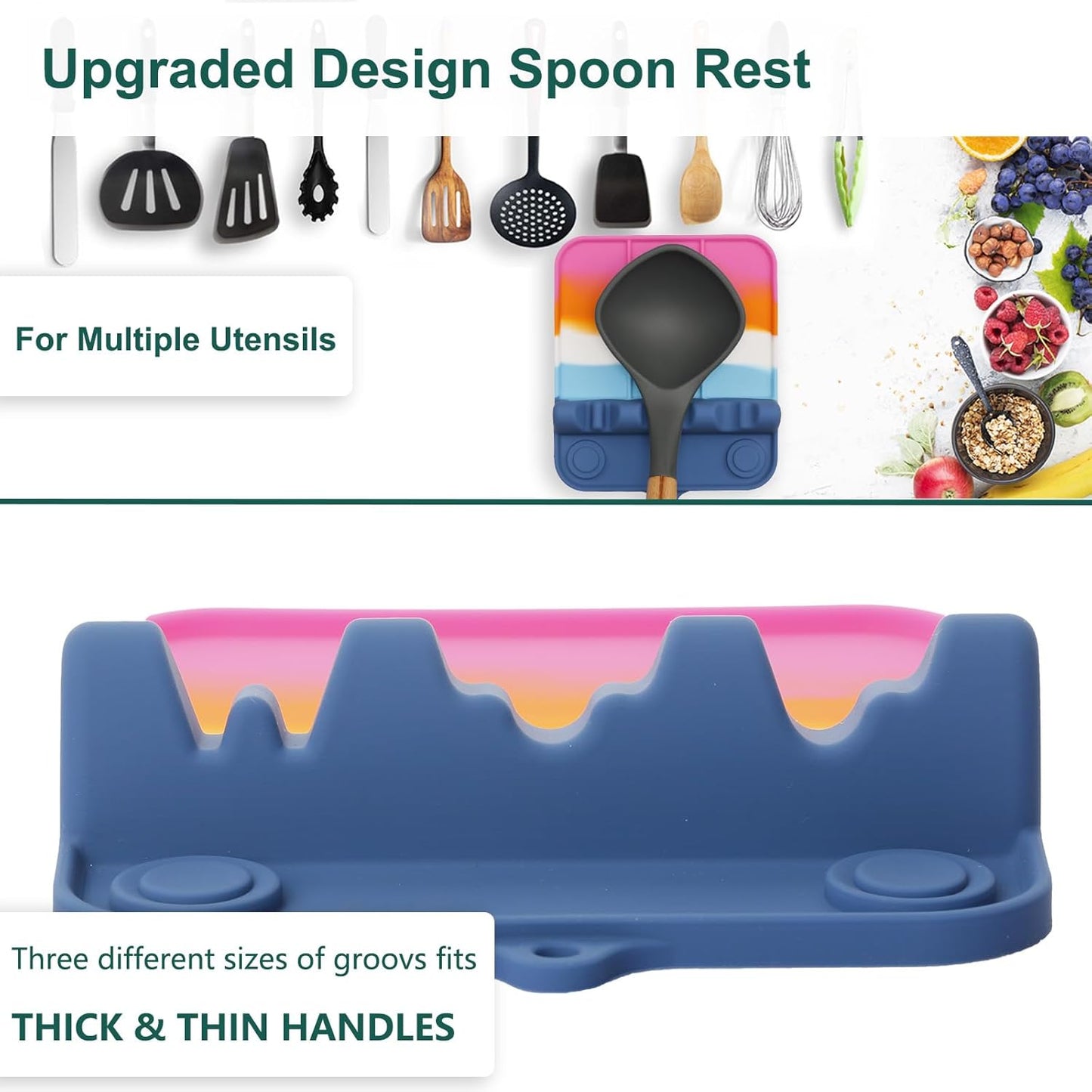Spoon Rest, Silicone Spoon Holder for Stove Top with Drip Pad Suitable for Multiple Kitchen Gadgets, 3-Groove Upgraded Utensil Rest for Kitchen Counter, Heat-Resistant Dishwasher Safe, Macaron Color
