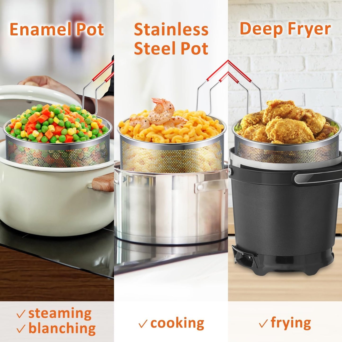 Deep Fryer Basket, 7.8''x4'' Fry Only, Round Stainless Steel Frying Baskets with Heat Resistant Silicone Handle, for Kitchen Cooking Strainer Colander, Serving Food, Ideal for Gift, 3-Quart