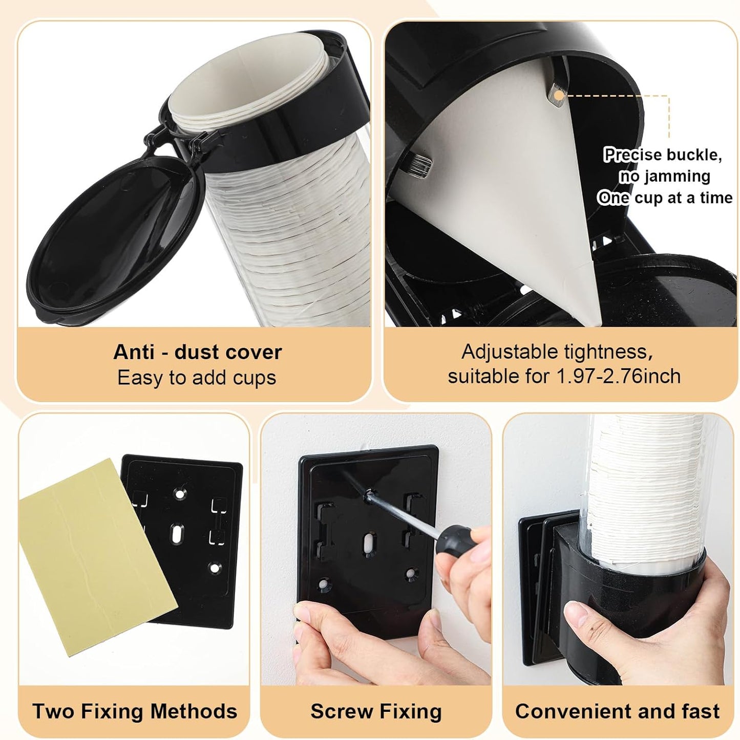 Roshtia 200 Pcs 4 oz Paper Cone Cups Thicken Disposable with 1 Cups Dispenser Pull Type Wall Mount Cup Holder Paper for Restaurants, Home, and Office, and Shaved Ice, Cold (Black)