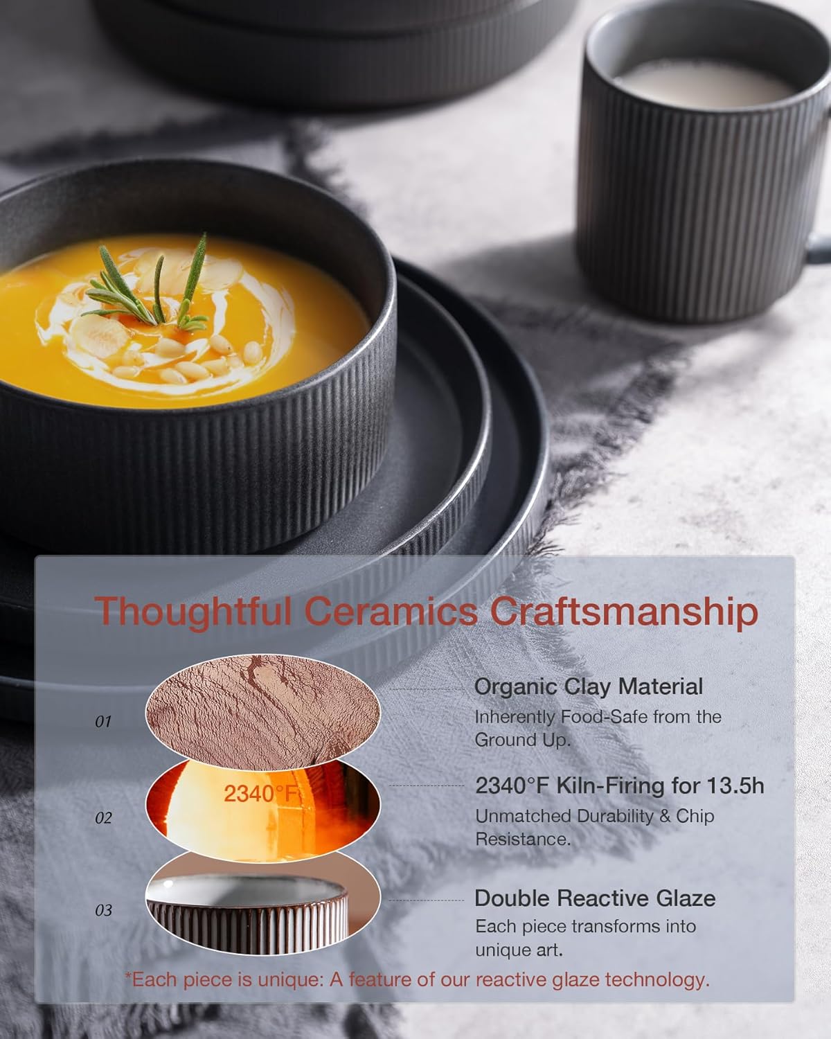 Famiware Star Dinnerware Set with Mugs, Service for 4 (16pcs), Ribbed Stoneware Plates and Bowls Dishes Sets - Chip & Scratch Resistant, Microwave & Dishwasher Safe, Matte Dark Charcoal