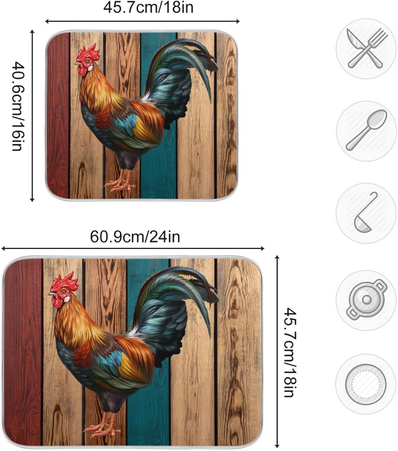 Rooster Dish Drying Mat for Kitchen Counter Farmhouse Absorbent Microfiber Drying Pad, Medium 16x18 in, Reversible Drainer Mats