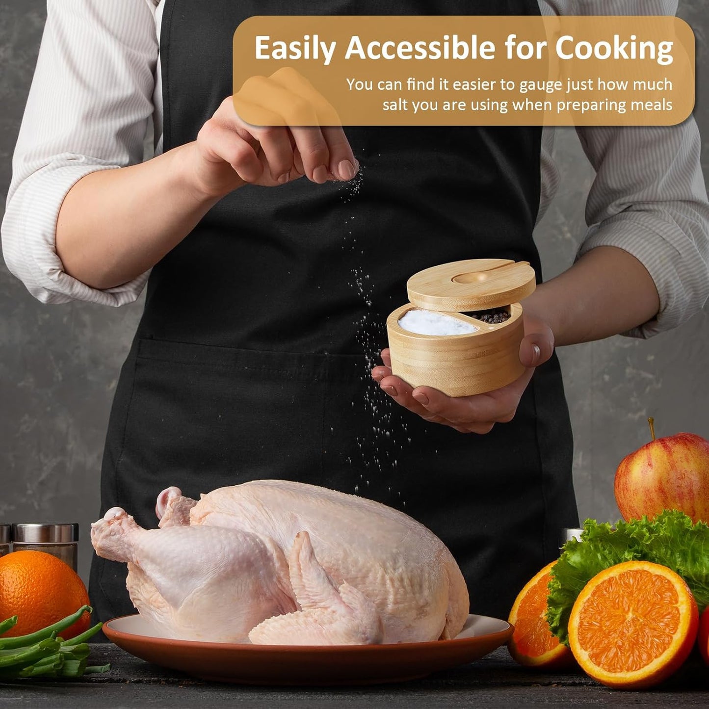 2-Compartment Salt Box with Lid and Spoon, Bamboo Salt Cellar with Swivel Lid, Salt and Pepper Bowls for Salt & Spices, Dual 6 oz Salt Container