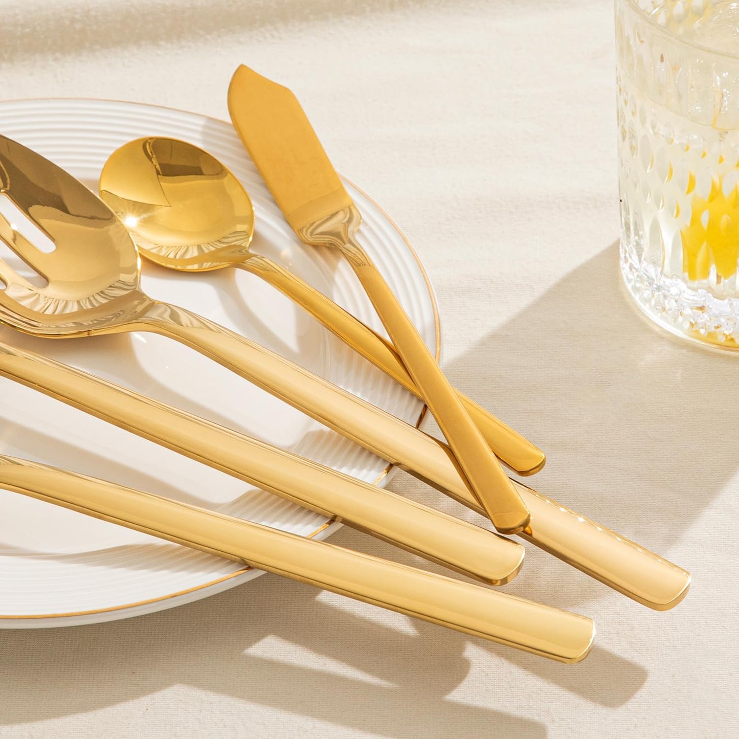 KINGSTONE Large Hostess Serving Utensils Set, Heavy Duty 18/10 Stainless Steel - 10 inch Serving Spoons, Slotted Spoons, Forks, Tongs, Cake Pie Server for Buffet, Wedding, Party, Gold