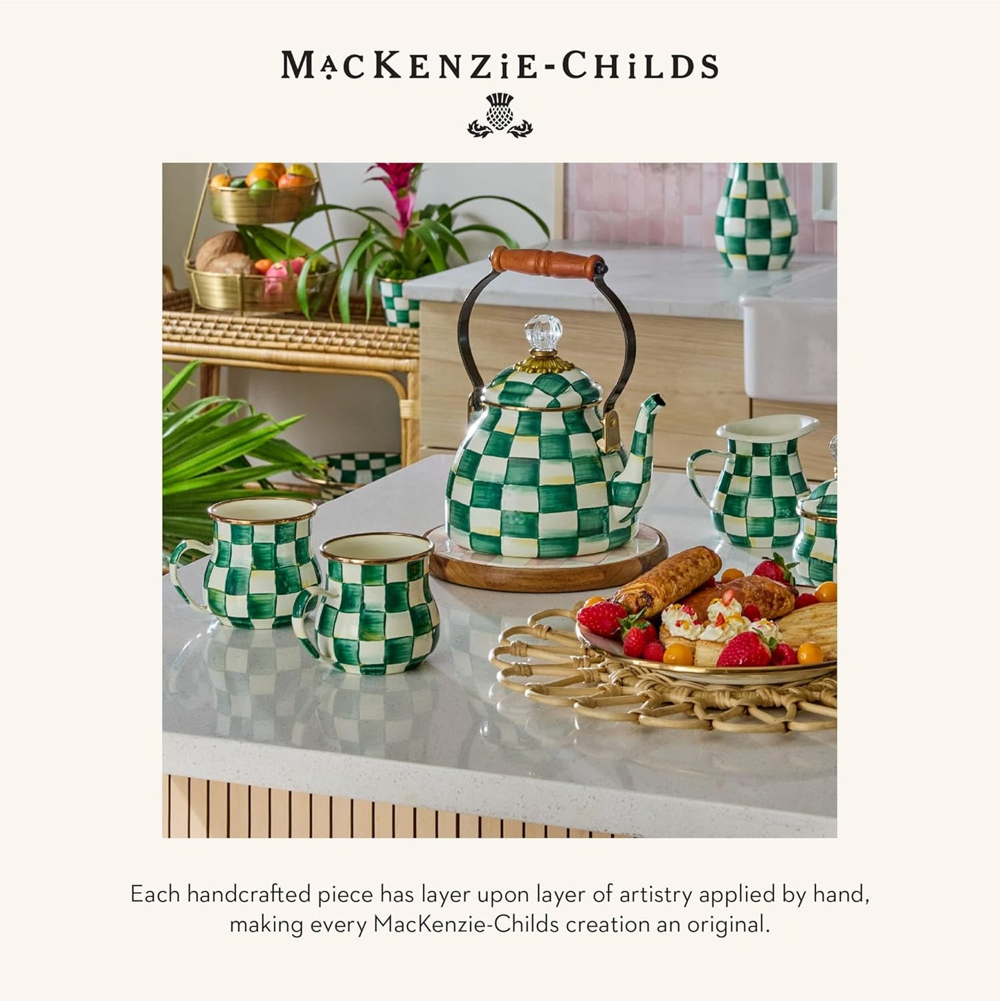 MACKENZIE-CHILDS Enamel Salad Serving Set, Enamel Bowl and Wooden Salad Servers, Decorative Kitchen Set, Green-and-White Emerald Check