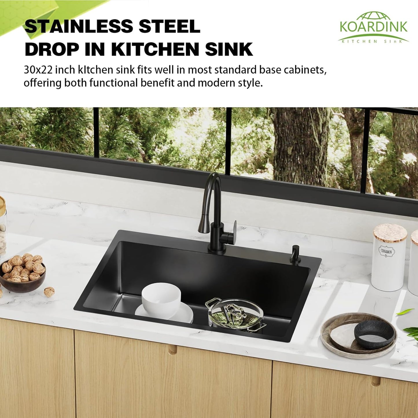 Black 30x22 Inch Stainless Steel Kitchen Sink - Drop In Modern Single Bowl Topmount Kitchen Sink With Silicon Mat,Drain Strainer Set Offering Large Basin Compatibility With Various Kitchen&Bar Style