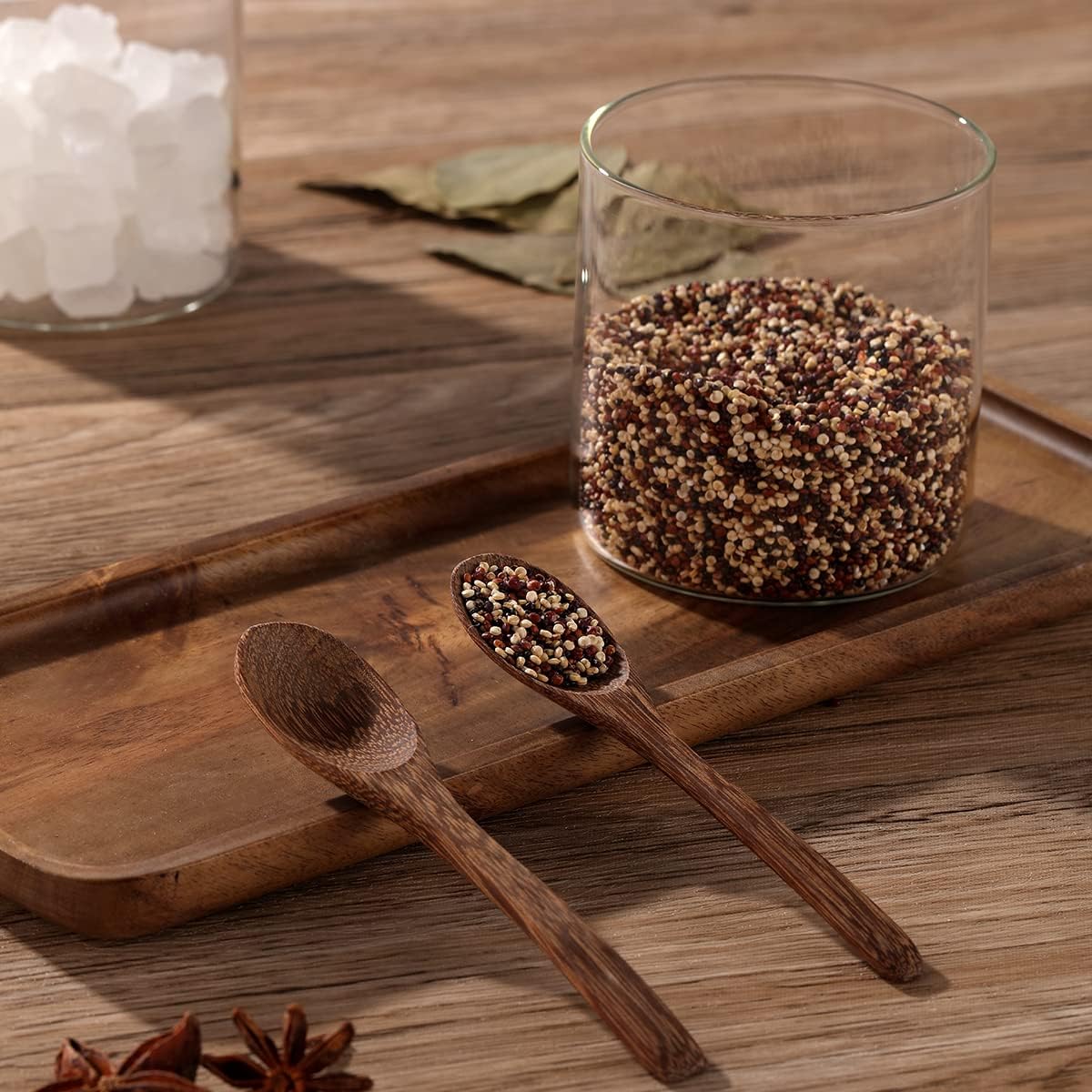 3 Pack 250ml / 8.5oz Clear Glass Spice Jar with Acacia Wooden Lid and Spoon, Classic Style, Kitchen Storage Container, 3.2 inches (diameter) x 3.5 inches (height)