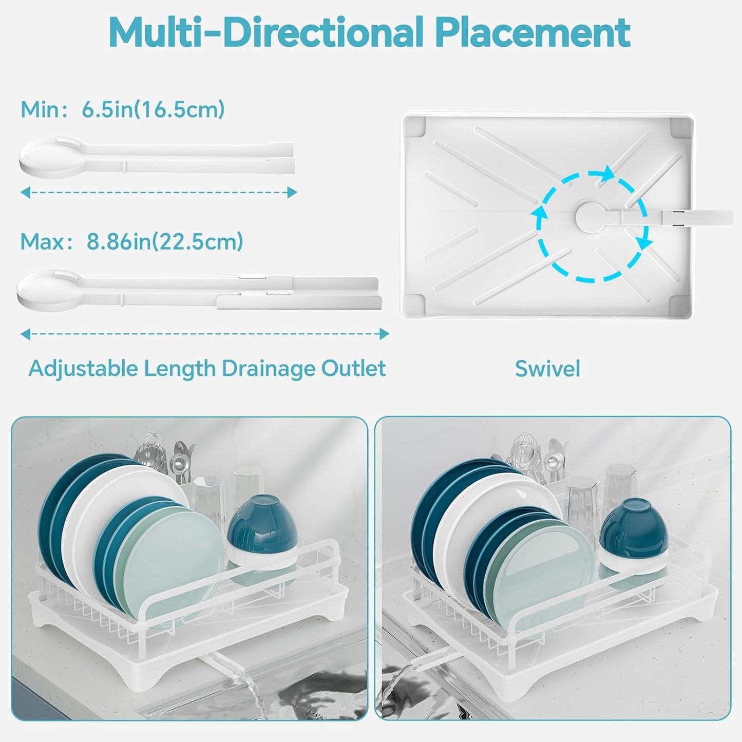 Dish Drying Rack Kitchen - Dish Racks for Kitchen Counter Space-Saving, Dish Drainer with Automatic Drain and Adjustable Spout, Dishwasher Rack with Cutlery Holder, Easy to Install, White