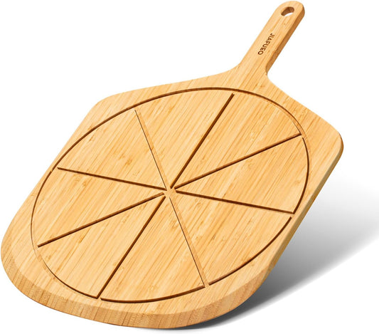 Wooden Pizza Peel 16 Inch, Large Bamboo Pizza Paddle Spatula - Serving Board, Wood Pizza Cutting Boards with 8 Slice Grooves and Handle for Kitchen Oven Pastry Pizzas