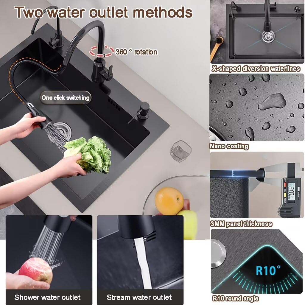 Black Drop in Kitchen Sink, Stainless Steel Single Bowl Sink with 3 Holes, Topmount Workstation Sink, Farmhouse Rectangle Basin with Multiple Accessories (28.3 * 17.7 * 7.9in)