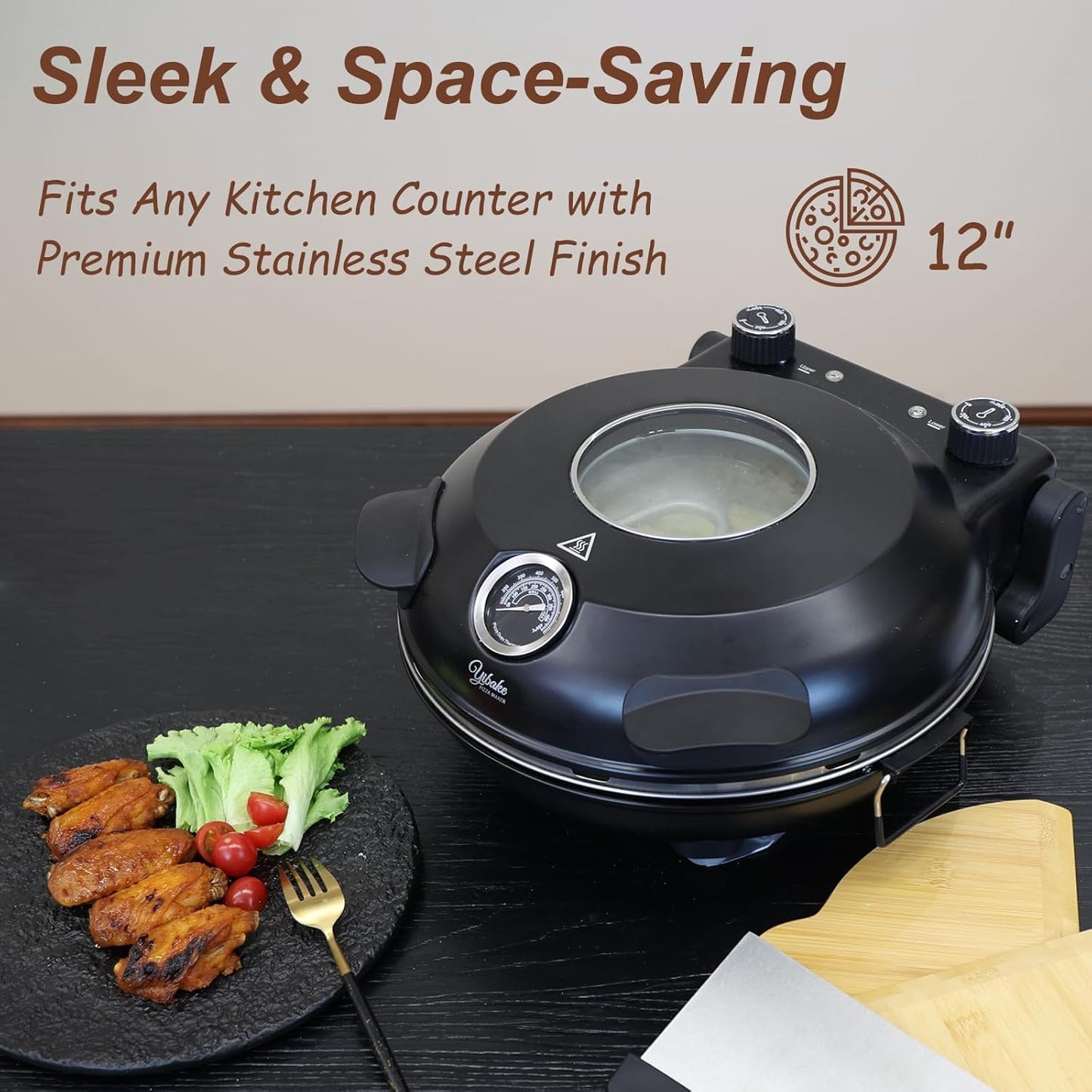 12" Electric Pizza Oven - Countertop Pizza Maker with Ceramic Stone, Heats up to 800°F, Portable Indoor Pizza Oven for Homemade Pizzas, Grey