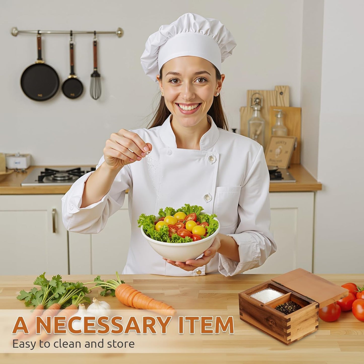 Demigo Acacia Wood Salt Cellar with Magnetic Flip Lid - 20 oz Large Capacity Salt Box for Kitchen - Keeps Spices, Herbs & Seasonings Fresh (Natural Brown)