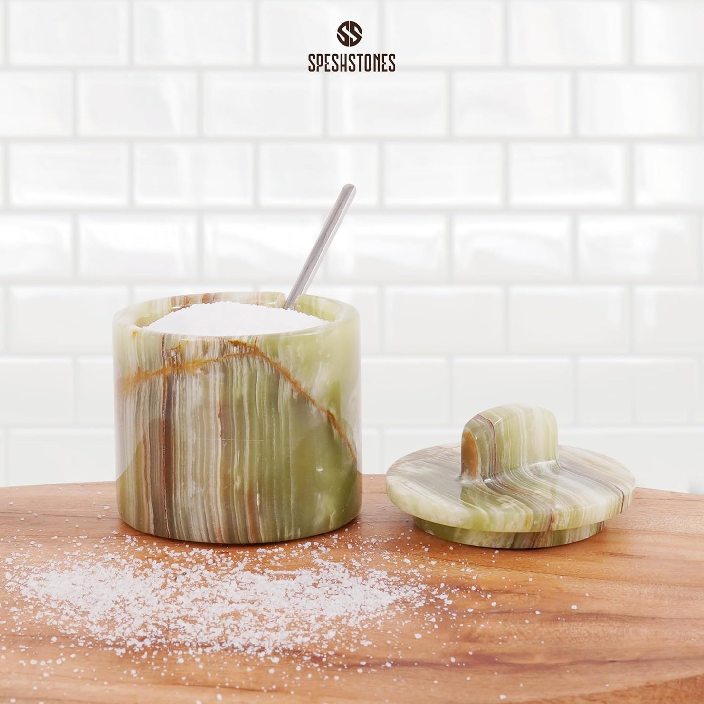 Marble Salt Cellar with Lid and Spoon 4 Inch Handmade Green Small Seasoning Containers - Decorative Spice Jars, Sugar Bowl & Flaky Salt Dish for Kitchen Countertop Storage