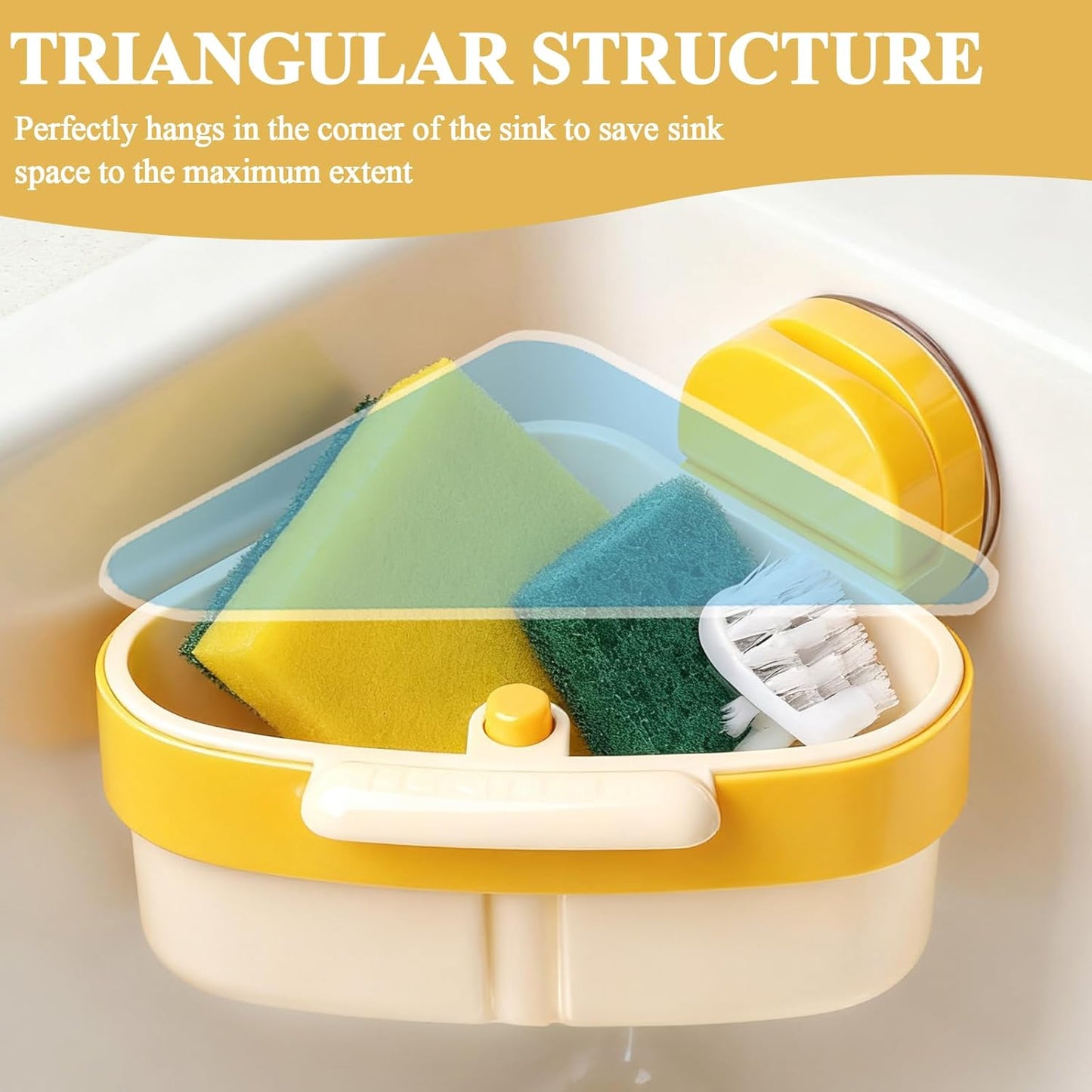 Sink Strainer Basket, 2025 New Upgraded Suction Cup Sink Corner Rack, Triangle Suction Cup Press Sink Drainer Basket, Automatic Dumping Corner Sink Trash Catcher for Kitchen Bathroom (Yellow)
