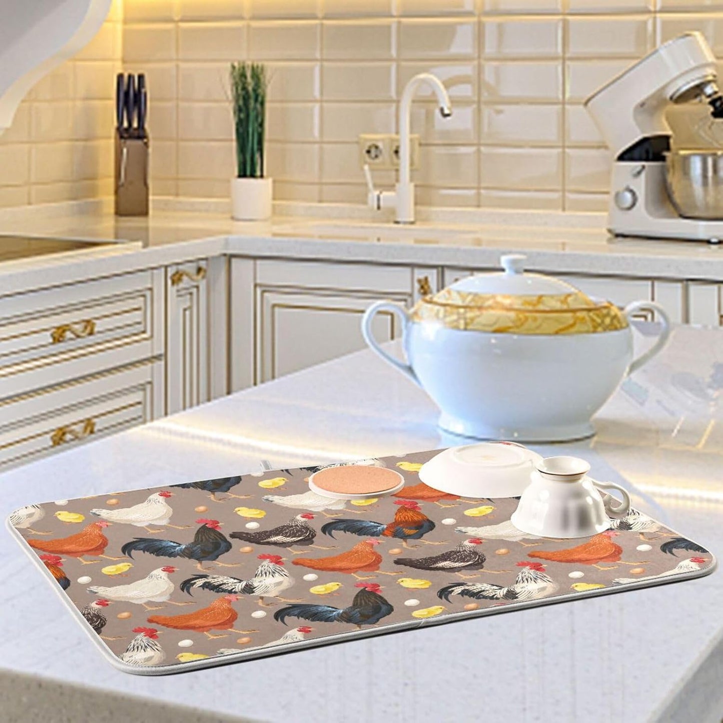 Hens Roosters Chicken Dish Drying Mat for Kitchen Counter Absorbent Microfiber Drying Pad, Large 18x24 in, Reversible Drainer Mats