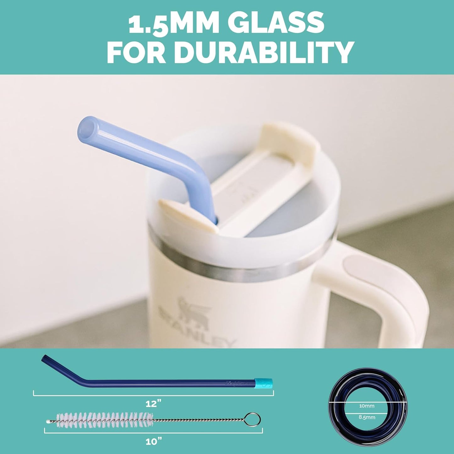 Simply Straws 12 Inch Glass Straws Bent (6-Pack) – Reusable Glass Straws for Stanley 40 Oz Tumbler, with Cleaning Brush – Durable, Dishwasher Safe, Hot & Cold Use, BPA-Free (Cote d'Azur)