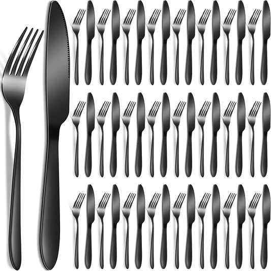 Nuenen 50 Pieces Stainless Steel Forks Silverware Set Dinner Forks and Knives Flatware Tableware Cutlery Set for Kitchen Restaurant(7.1 x 1 Inch, 8.4 x 0.7 Inch,Black)