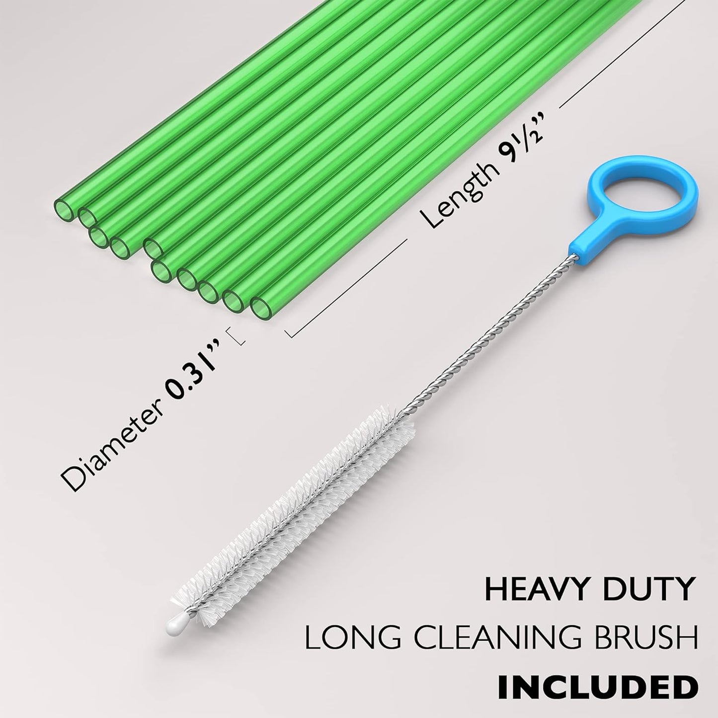 10 Long Reusable Hard Green Plastic Drinking Straws, Medium Width + Sturdy Cleaning Brush - for Tumblers, Mason Jars, Smoothies and Milkshakes - Dishwasher Safe BPA Free