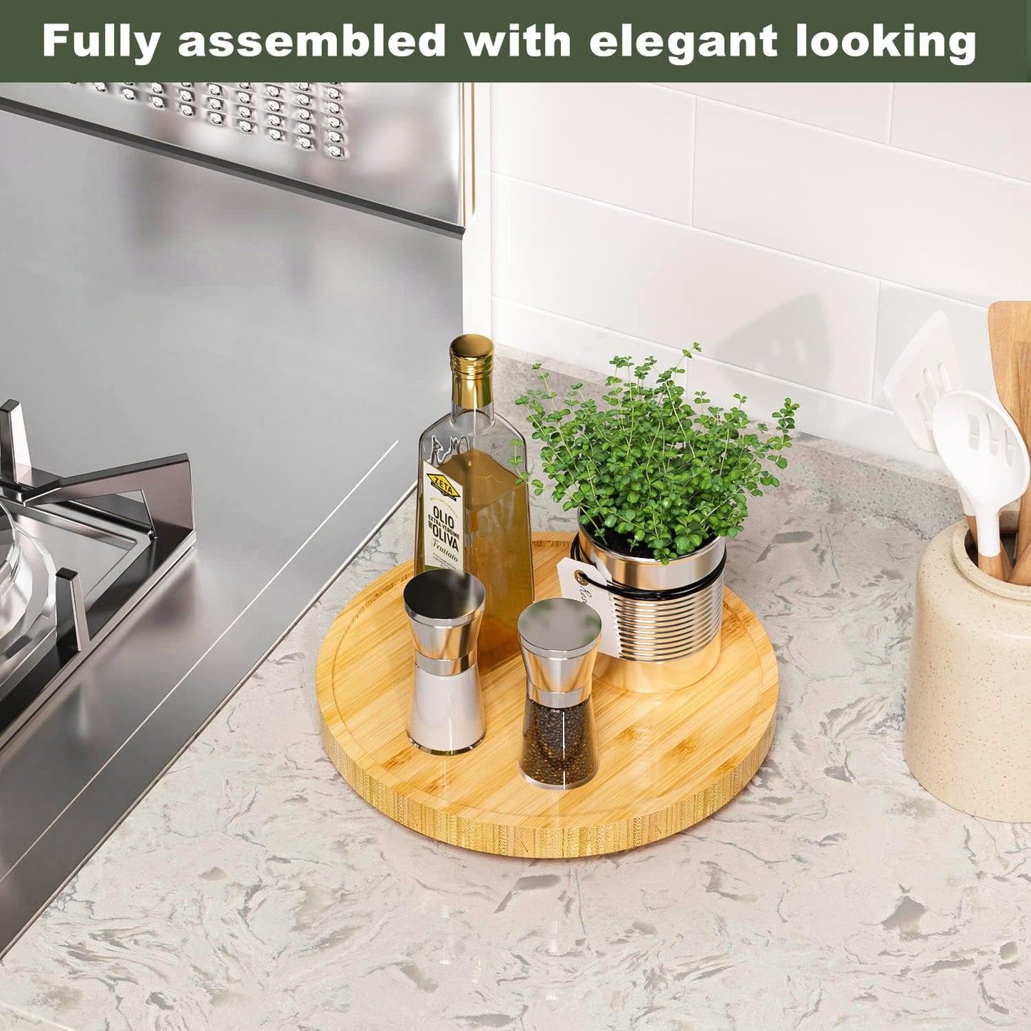 Lazy Susan Organizer, 10 Inch Non-Skid Bamboo Turntable Organizer for Salt Pepper Olive Oil and Spices Next to Stove, Wooden Lazy Susan for Table or Kitchen Countertop Organizer