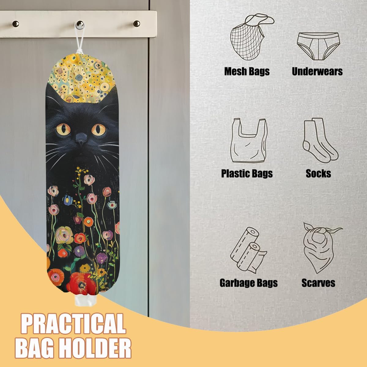 Flower Cat Plastic Bag Holder, Wall Mount Grocery Bag Holder, Plastic Storage bag, Pull Rope Free Adjustment, Plastic Bag Holders for Grocery Bags, Plastic Bag Dispenser for Home Kitchen Cabinet