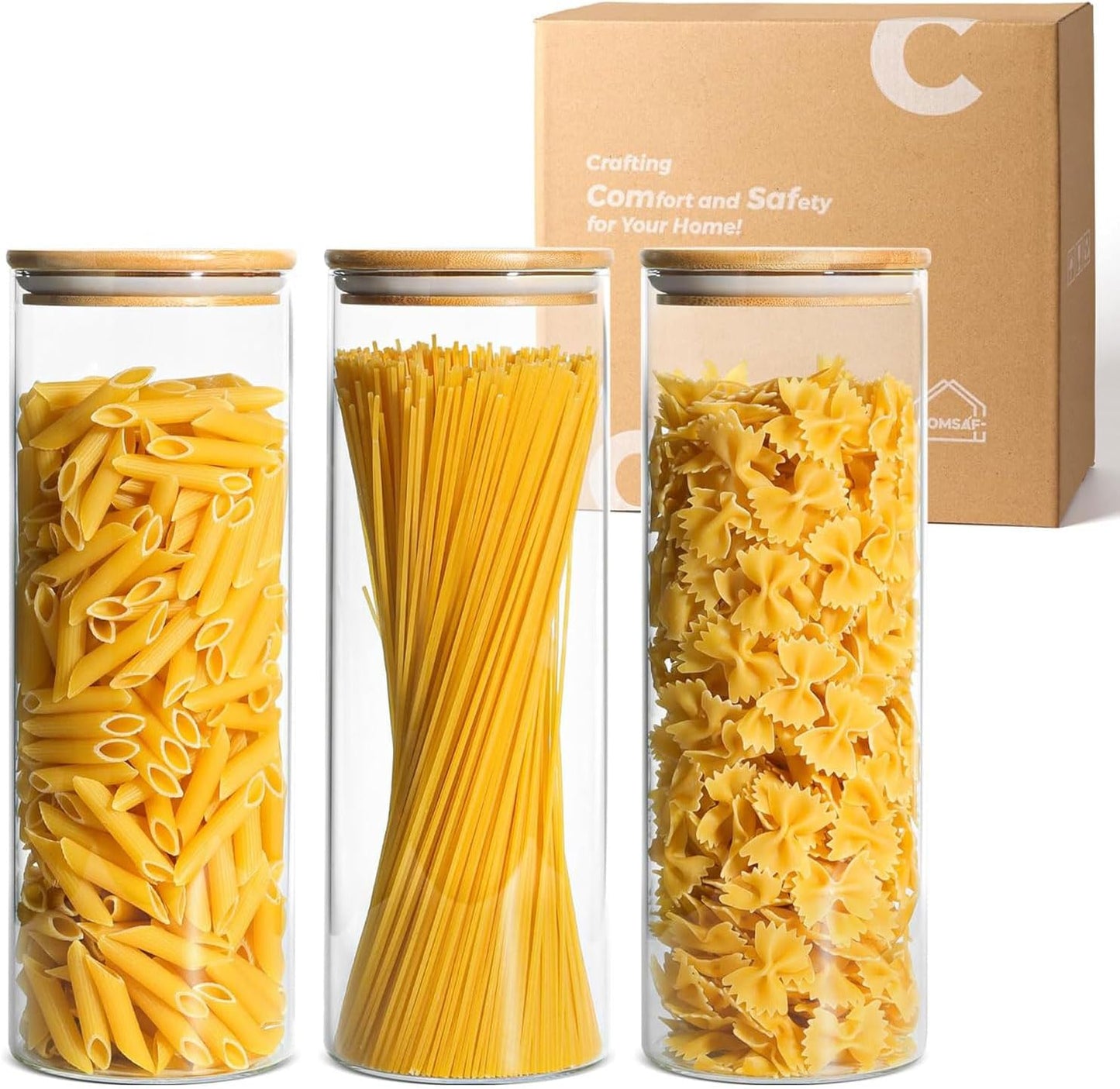 ComSaf Glass Spaghetti Pasta Storage Container with Lids 2 Qt Set of 3, Tall Clear Airtight Food Storage Jar with Wood Cover Kitchen Pantry Storage Container for Noodles Flour Cereal Coffee Beans