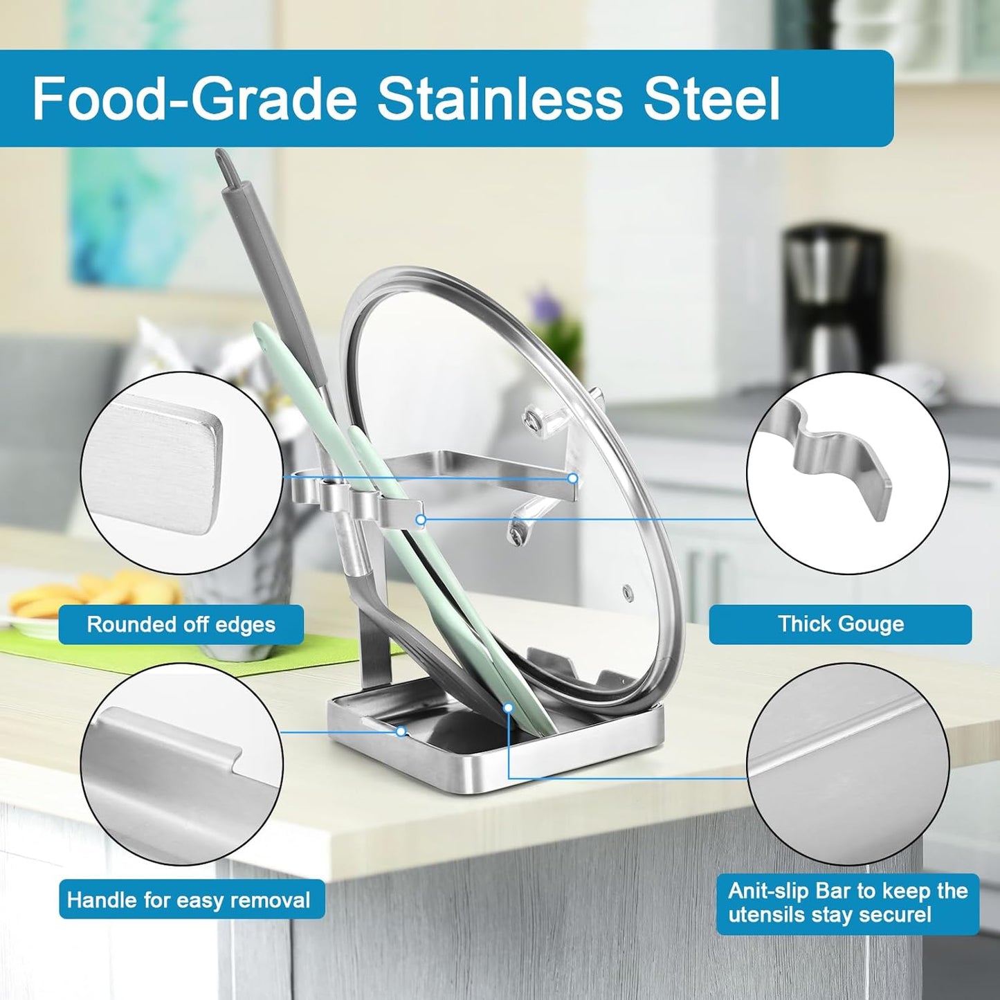 SOLEADER Vertical Spoon Rest and Lid Stand for Stove Top kitchen Utensils Pot Lid Holder and Organizer for Kitchen Counter Foodgrade Stainless Steel with Drip Tray and Handle