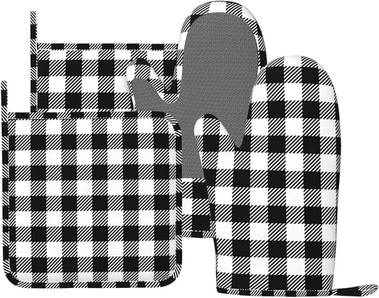 Black Checked Pattern Oven Mitts and Pot Holders Set of 4 Silicone Gingham Plaid Check Black Kitchen Mitten Gloves and Potholders Set Heat Resistant Oven Gloves Hot Holders for Kitchen