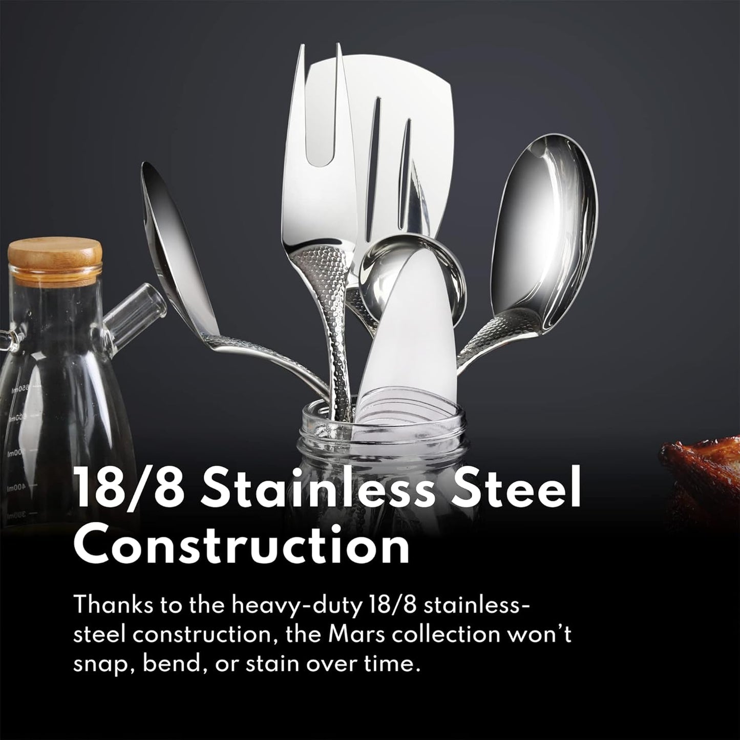 New Star Foodservice Mars Collection, Stainless Steel, 18/8 Hammered Hollow Handle Slotted Serving Spoon, 13-Inch, 4.8 Ounces