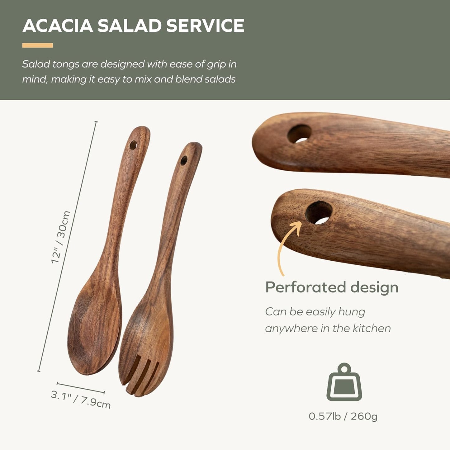 Muso Wood Acacia Salad Servers, 12-inch Wooden Salad Tongs for Serving Salad Mixes, Set of 2 (Acacia salad servers)