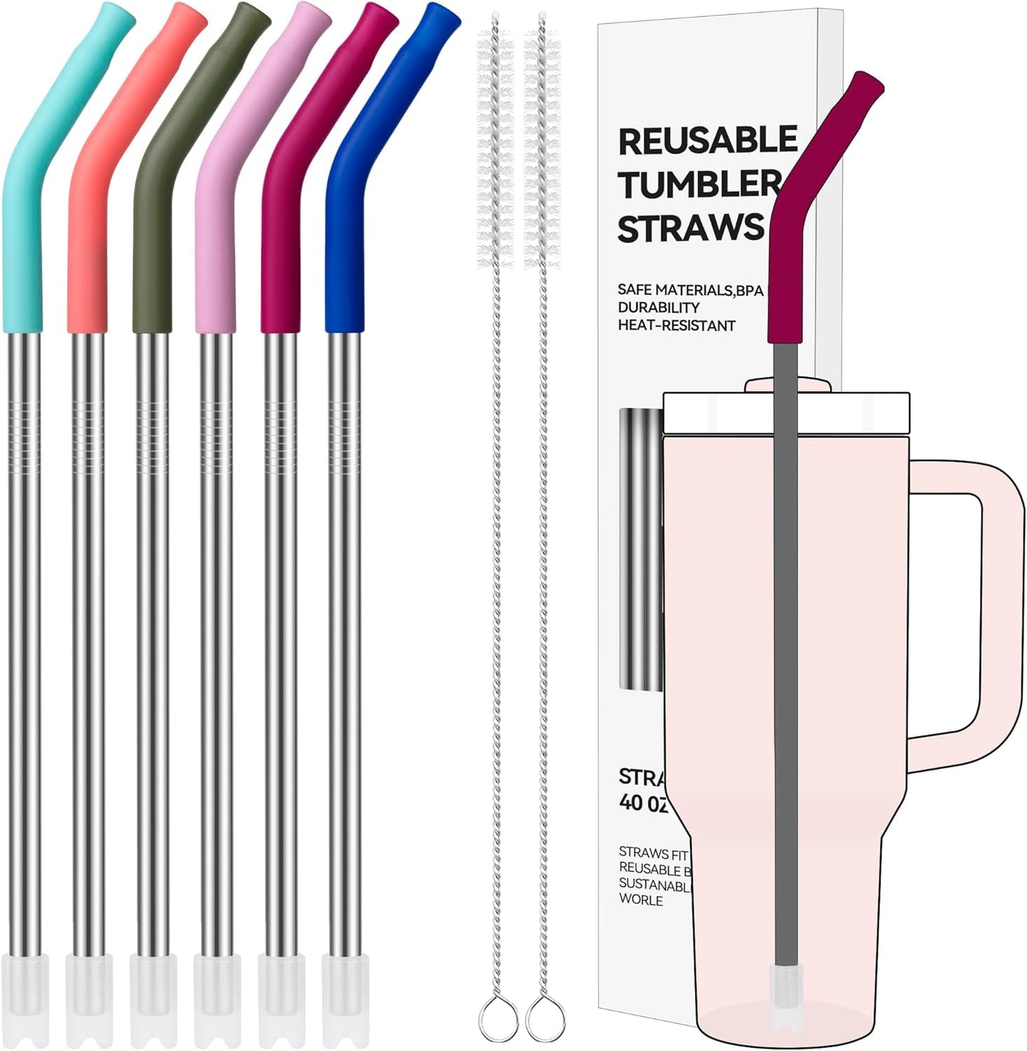 40 oz Straight Metal Straws for 40 oz Stanley Tumbler, 6 Pcs Stainless Steel Reusable Drinking Metal Straw with Colourful Silicone Tips,Straw for Glass Cups, BPA FREE