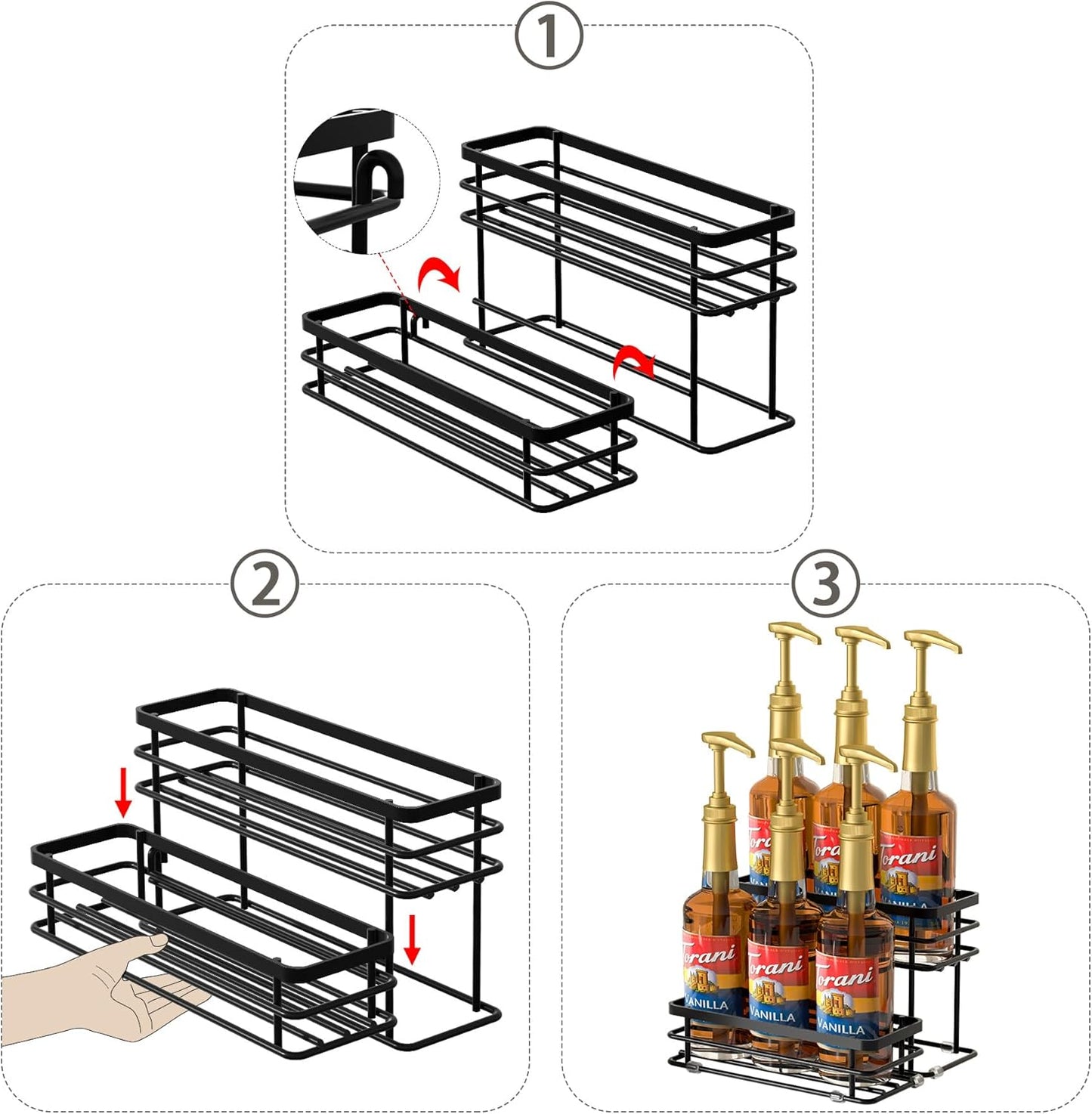Coffee Syrup Rack Organizer, Syrup Bottle Holder Stand for Coffee Bar, 2-Tier 6 Bottles Storage Shelves for Syrup, Wine, Dressing for Kitchen Countertop (6 Bottles Black)