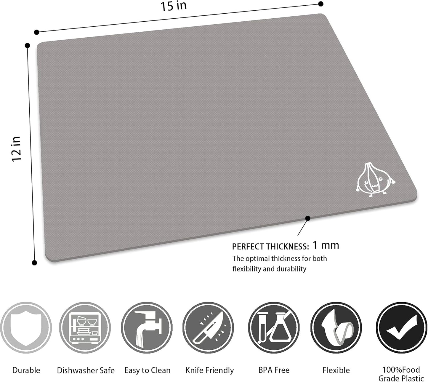 ZVP Plastic Cutting Boards for Kitchen, Flexible Cutting Mats, Gradient Gray Chopping Boards with Food Icon, Non-Slip, Non Porous, BPA Free, Dishwasher Safe