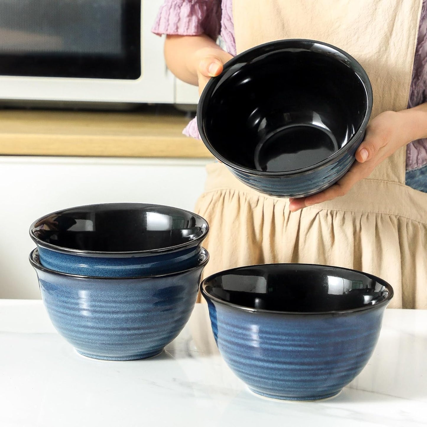 MEKY Soup Bowls Set of 4,40 OZ Large Ceramic Bowls - 7 Inch Deep Bowls for Ramen, Pho, Salad, Pasta, Cereal, Dishwasher & Microwave Safe Stackable Serving Bowls(Blue)