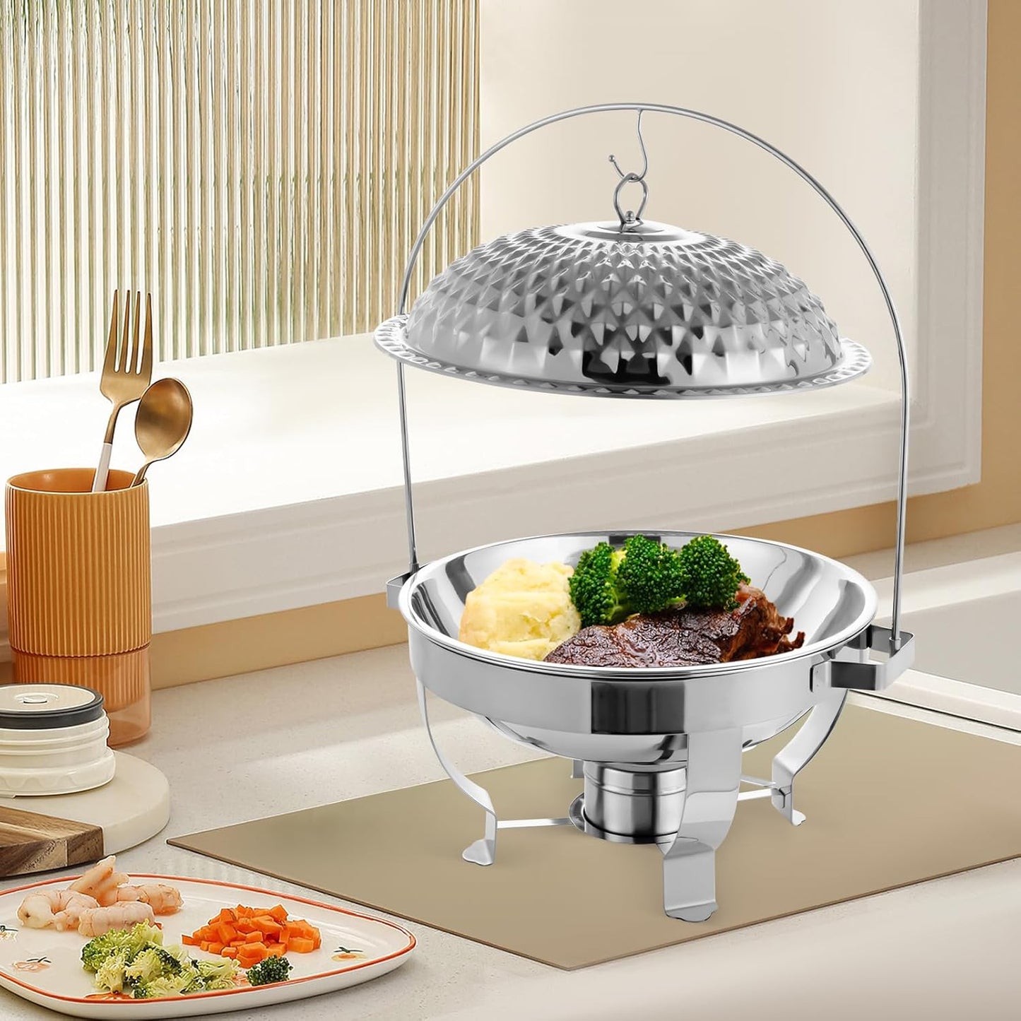 Chafing Dish Buffet Set, Stainless Steel Hanging Lid Dining Stove, Roll Top Chafing Dish Buffet Diamond-Shaped Lid and Round Stand for Buffet Restaurants and Banquets (Silver, 6L/6.3QT)